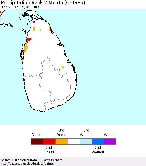 Sri Lanka Precipitation Rank 2-Month (CHIRPS) Thematic Map For 2/21/2020 - 4/20/2020