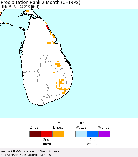 Sri Lanka Precipitation Rank since 1981, 2-Month (CHIRPS) Thematic Map For 2/26/2020 - 4/25/2020