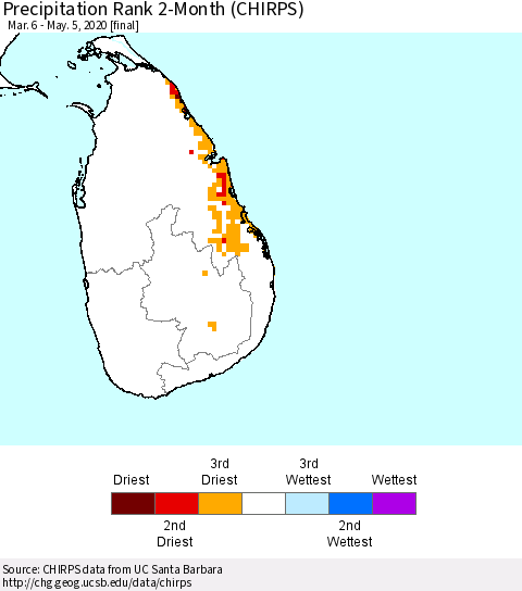 Sri Lanka Precipitation Rank since 1981, 2-Month (CHIRPS) Thematic Map For 3/6/2020 - 5/5/2020