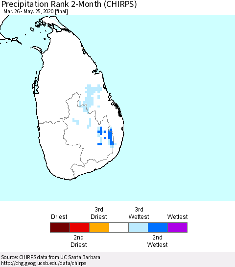 Sri Lanka Precipitation Rank since 1981, 2-Month (CHIRPS) Thematic Map For 3/26/2020 - 5/25/2020