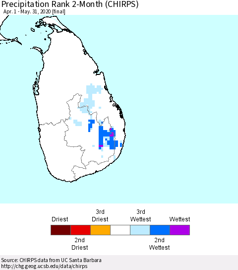 Sri Lanka Precipitation Rank since 1981, 2-Month (CHIRPS) Thematic Map For 4/1/2020 - 5/31/2020