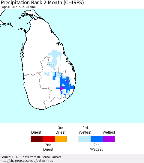 Sri Lanka Precipitation Rank since 1981, 2-Month (CHIRPS) Thematic Map For 4/6/2020 - 6/5/2020