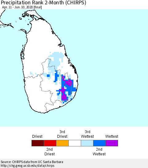 Sri Lanka Precipitation Rank since 1981, 2-Month (CHIRPS) Thematic Map For 4/11/2020 - 6/10/2020