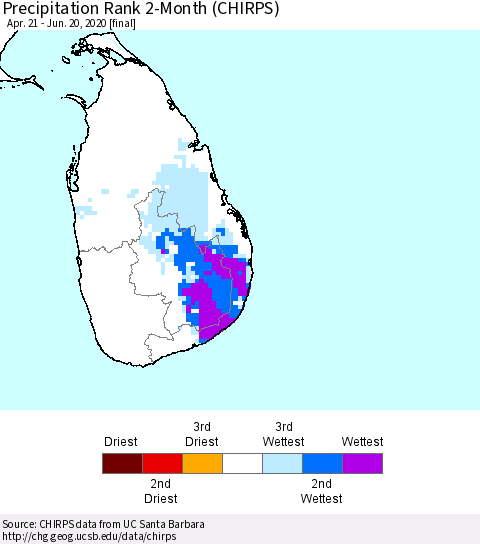 Sri Lanka Precipitation Rank since 1981, 2-Month (CHIRPS) Thematic Map For 4/21/2020 - 6/20/2020