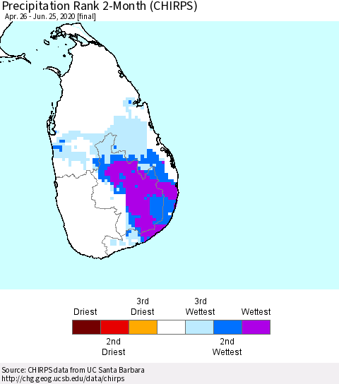 Sri Lanka Precipitation Rank since 1981, 2-Month (CHIRPS) Thematic Map For 4/26/2020 - 6/25/2020