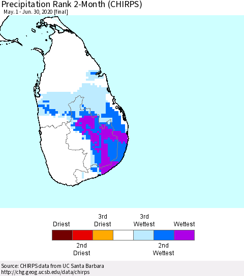Sri Lanka Precipitation Rank 2-Month (CHIRPS) Thematic Map For 5/1/2020 - 6/30/2020