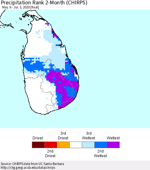 Sri Lanka Precipitation Rank 2-Month (CHIRPS) Thematic Map For 5/6/2020 - 7/5/2020