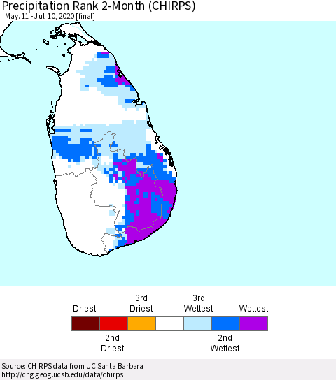 Sri Lanka Precipitation Rank 2-Month (CHIRPS) Thematic Map For 5/11/2020 - 7/10/2020