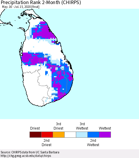Sri Lanka Precipitation Rank 2-Month (CHIRPS) Thematic Map For 5/16/2020 - 7/15/2020