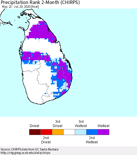 Sri Lanka Precipitation Rank since 1981, 2-Month (CHIRPS) Thematic Map For 5/21/2020 - 7/20/2020