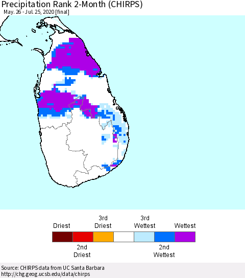 Sri Lanka Precipitation Rank 2-Month (CHIRPS) Thematic Map For 5/26/2020 - 7/25/2020