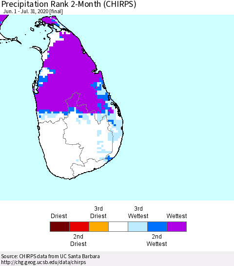 Sri Lanka Precipitation Rank since 1981, 2-Month (CHIRPS) Thematic Map For 6/1/2020 - 7/31/2020
