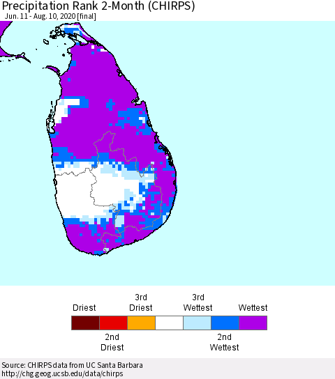 Sri Lanka Precipitation Rank since 1981, 2-Month (CHIRPS) Thematic Map For 6/11/2020 - 8/10/2020