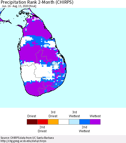 Sri Lanka Precipitation Rank 2-Month (CHIRPS) Thematic Map For 6/16/2020 - 8/15/2020
