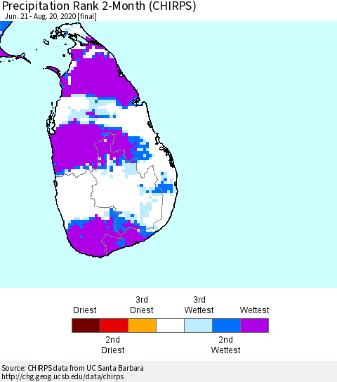 Sri Lanka Precipitation Rank 2-Month (CHIRPS) Thematic Map For 6/21/2020 - 8/20/2020