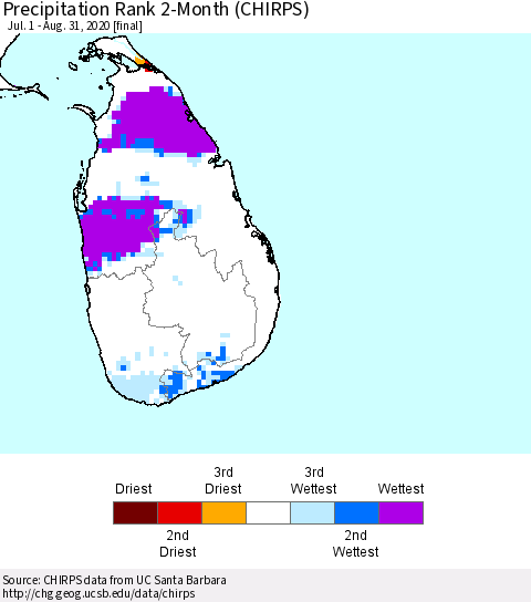 Sri Lanka Precipitation Rank 2-Month (CHIRPS) Thematic Map For 7/1/2020 - 8/31/2020