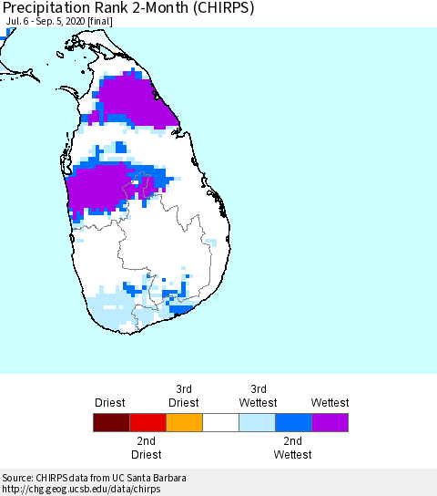 Sri Lanka Precipitation Rank since 1981, 2-Month (CHIRPS) Thematic Map For 7/6/2020 - 9/5/2020