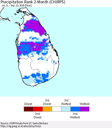 Sri Lanka Precipitation Rank 2-Month (CHIRPS) Thematic Map For 7/11/2020 - 9/10/2020