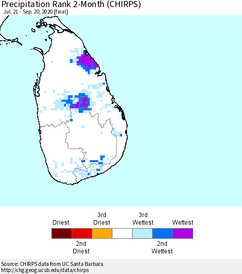 Sri Lanka Precipitation Rank 2-Month (CHIRPS) Thematic Map For 7/21/2020 - 9/20/2020