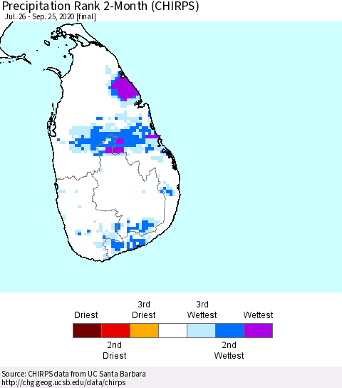 Sri Lanka Precipitation Rank 2-Month (CHIRPS) Thematic Map For 7/26/2020 - 9/25/2020