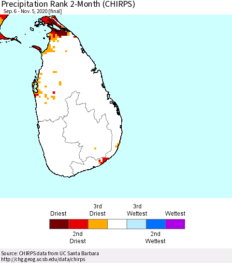 Sri Lanka Precipitation Rank 2-Month (CHIRPS) Thematic Map For 9/6/2020 - 11/5/2020