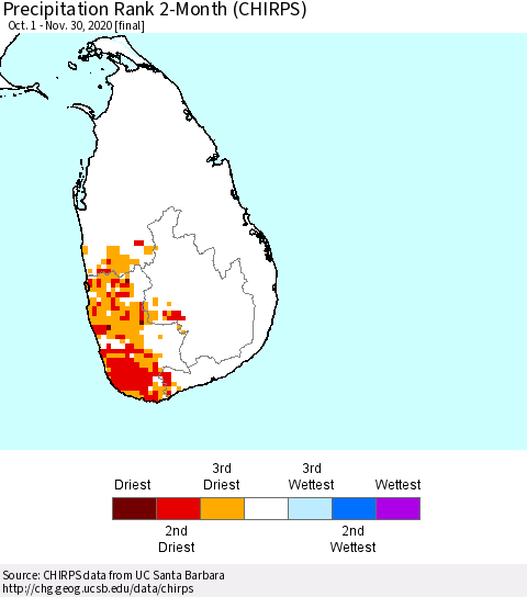 Sri Lanka Precipitation Rank since 1981, 2-Month (CHIRPS) Thematic Map For 10/1/2020 - 11/30/2020
