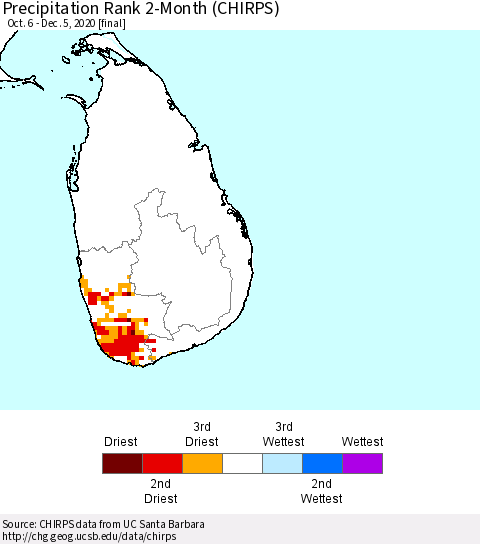Sri Lanka Precipitation Rank since 1981, 2-Month (CHIRPS) Thematic Map For 10/6/2020 - 12/5/2020