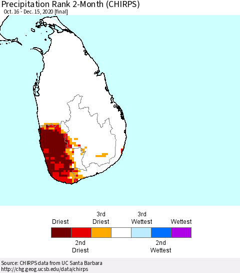 Sri Lanka Precipitation Rank since 1981, 2-Month (CHIRPS) Thematic Map For 10/16/2020 - 12/15/2020