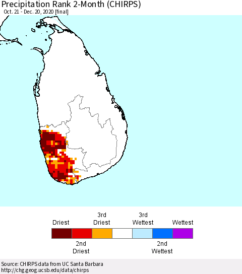 Sri Lanka Precipitation Rank since 1981, 2-Month (CHIRPS) Thematic Map For 10/21/2020 - 12/20/2020