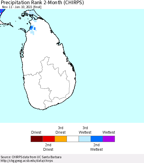 Sri Lanka Precipitation Rank since 1981, 2-Month (CHIRPS) Thematic Map For 11/11/2020 - 1/10/2021