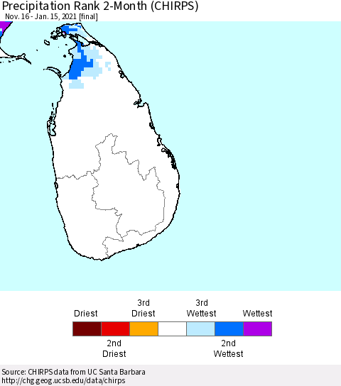 Sri Lanka Precipitation Rank since 1981, 2-Month (CHIRPS) Thematic Map For 11/16/2020 - 1/15/2021