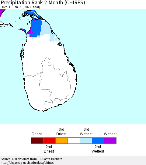 Sri Lanka Precipitation Rank since 1981, 2-Month (CHIRPS) Thematic Map For 12/1/2020 - 1/31/2021