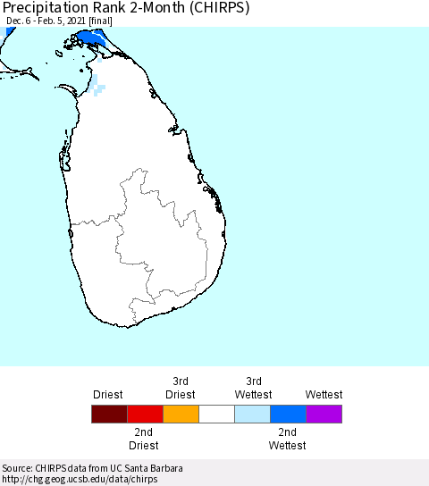 Sri Lanka Precipitation Rank since 1981, 2-Month (CHIRPS) Thematic Map For 12/6/2020 - 2/5/2021