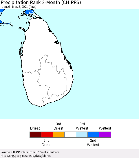 Sri Lanka Precipitation Rank since 1981, 2-Month (CHIRPS) Thematic Map For 1/6/2021 - 3/5/2021