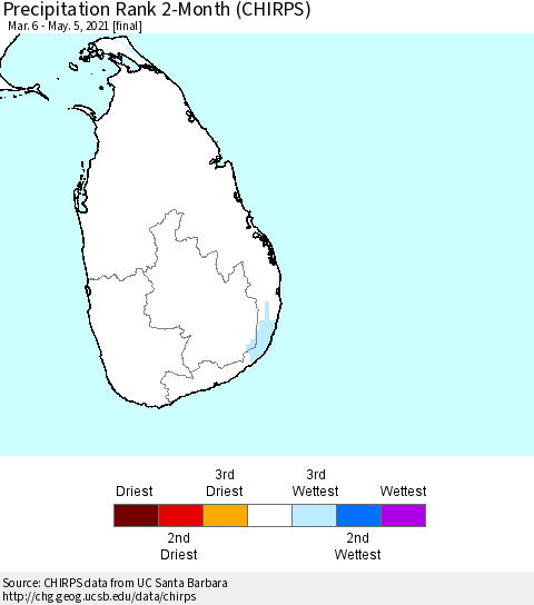 Sri Lanka Precipitation Rank since 1981, 2-Month (CHIRPS) Thematic Map For 3/6/2021 - 5/5/2021