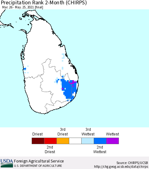 Sri Lanka Precipitation Rank 2-Month (CHIRPS) Thematic Map For 3/26/2021 - 5/25/2021
