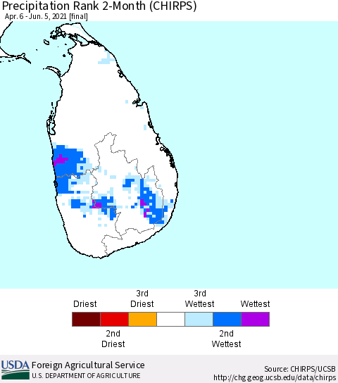 Sri Lanka Precipitation Rank since 1981, 2-Month (CHIRPS) Thematic Map For 4/6/2021 - 6/5/2021