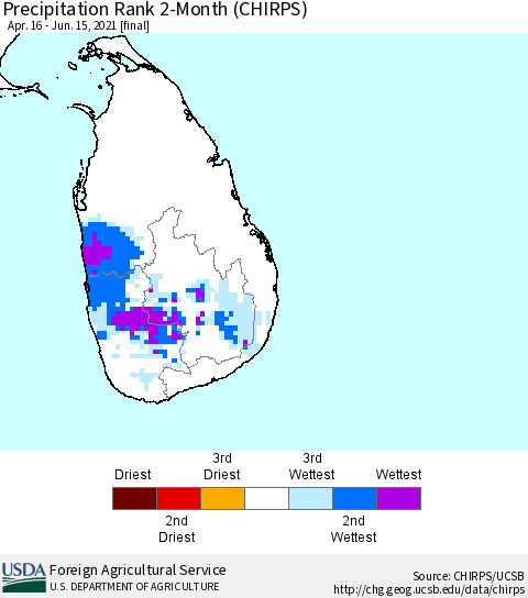 Sri Lanka Precipitation Rank since 1981, 2-Month (CHIRPS) Thematic Map For 4/16/2021 - 6/15/2021