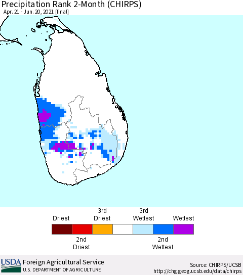 Sri Lanka Precipitation Rank since 1981, 2-Month (CHIRPS) Thematic Map For 4/21/2021 - 6/20/2021