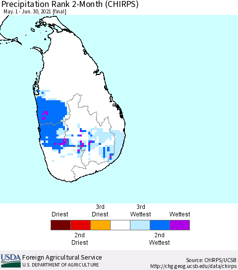 Sri Lanka Precipitation Rank since 1981, 2-Month (CHIRPS) Thematic Map For 5/1/2021 - 6/30/2021