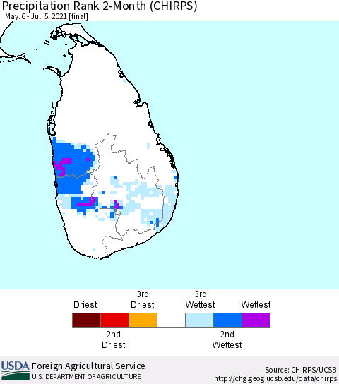 Sri Lanka Precipitation Rank since 1981, 2-Month (CHIRPS) Thematic Map For 5/6/2021 - 7/5/2021
