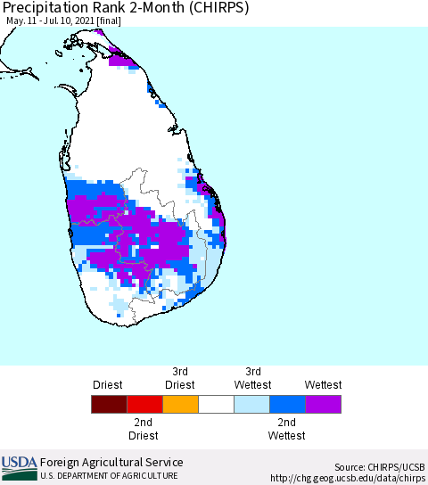 Sri Lanka Precipitation Rank since 1981, 2-Month (CHIRPS) Thematic Map For 5/11/2021 - 7/10/2021