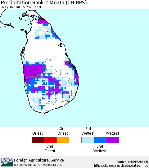 Sri Lanka Precipitation Rank 2-Month (CHIRPS) Thematic Map For 5/16/2021 - 7/15/2021