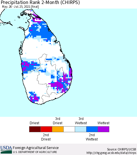 Sri Lanka Precipitation Rank since 1981, 2-Month (CHIRPS) Thematic Map For 5/26/2021 - 7/25/2021