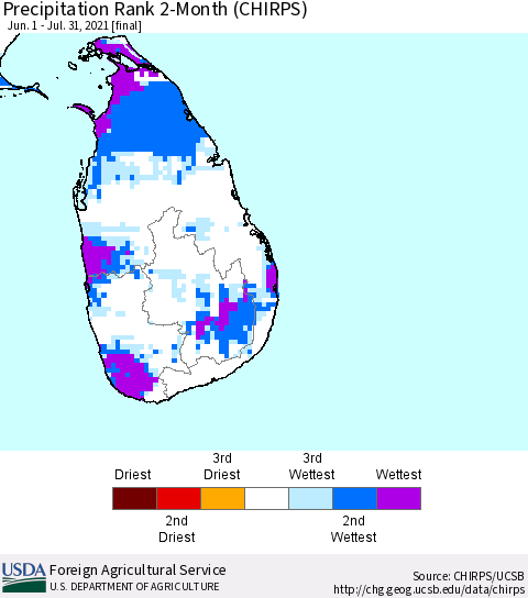 Sri Lanka Precipitation Rank since 1981, 2-Month (CHIRPS) Thematic Map For 6/1/2021 - 7/31/2021