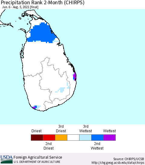 Sri Lanka Precipitation Rank since 1981, 2-Month (CHIRPS) Thematic Map For 6/6/2021 - 8/5/2021
