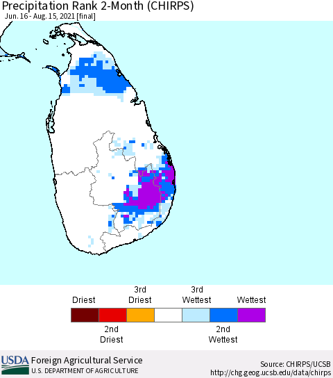 Sri Lanka Precipitation Rank since 1981, 2-Month (CHIRPS) Thematic Map For 6/16/2021 - 8/15/2021