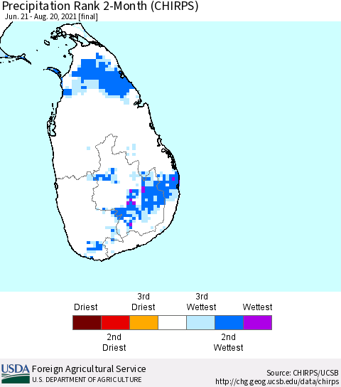 Sri Lanka Precipitation Rank since 1981, 2-Month (CHIRPS) Thematic Map For 6/21/2021 - 8/20/2021