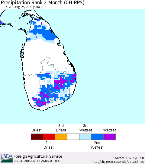 Sri Lanka Precipitation Rank since 1981, 2-Month (CHIRPS) Thematic Map For 6/26/2021 - 8/25/2021