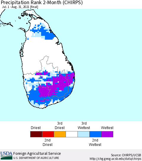 Sri Lanka Precipitation Rank since 1981, 2-Month (CHIRPS) Thematic Map For 7/1/2021 - 8/31/2021